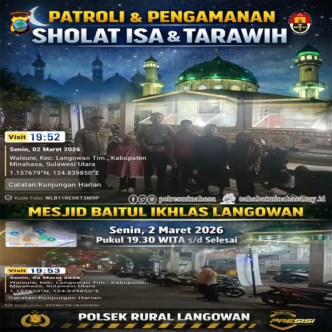 Kapolsek Rural Langowan Pimpin Patroli dan Pengamanan Sholat Isa–Tarawih di Mesjid Baitul Ikhlas